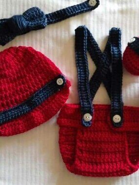 Crochet Baby Boy Suspenders Newsboy Hat Diaper Cover Outfit Photo Prop